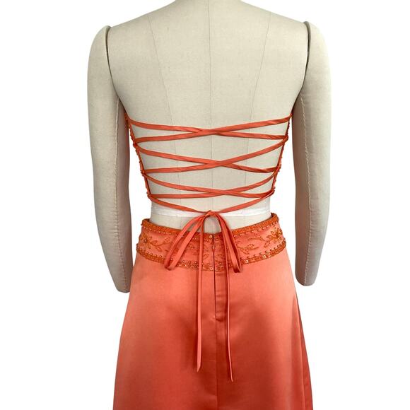 Y2K Ciret Beaded Orange Two Piece Formal Dress with Corset Tie - Picture 4 of 8